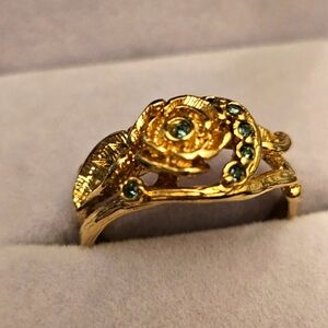 Gold Floral Ring with Blue Accents